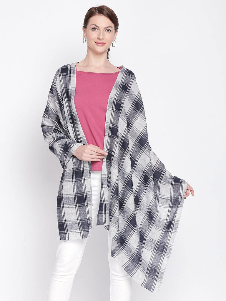 Women Grey & Navy Blue Checked Shawl-Shawl-StyleQuotient