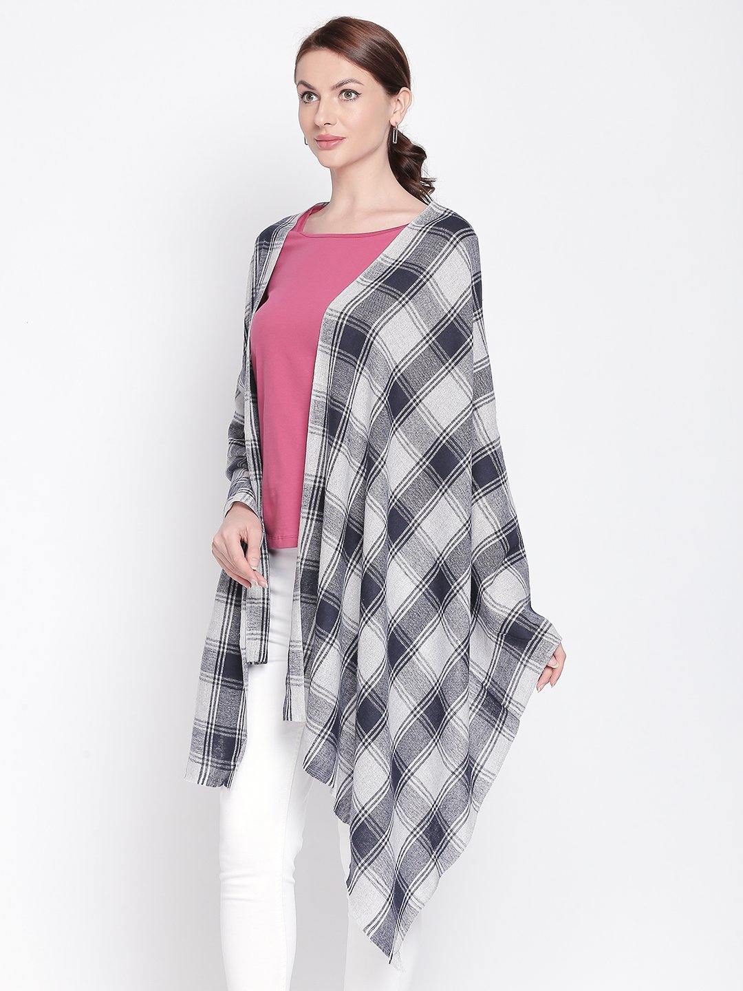 Women Grey & Navy Blue Checked Shawl-Shawl-StyleQuotient