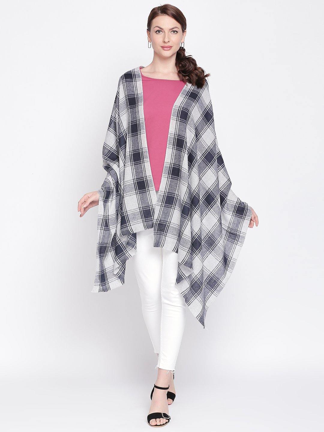 Women Grey & Navy Blue Checked Shawl-Shawl-StyleQuotient