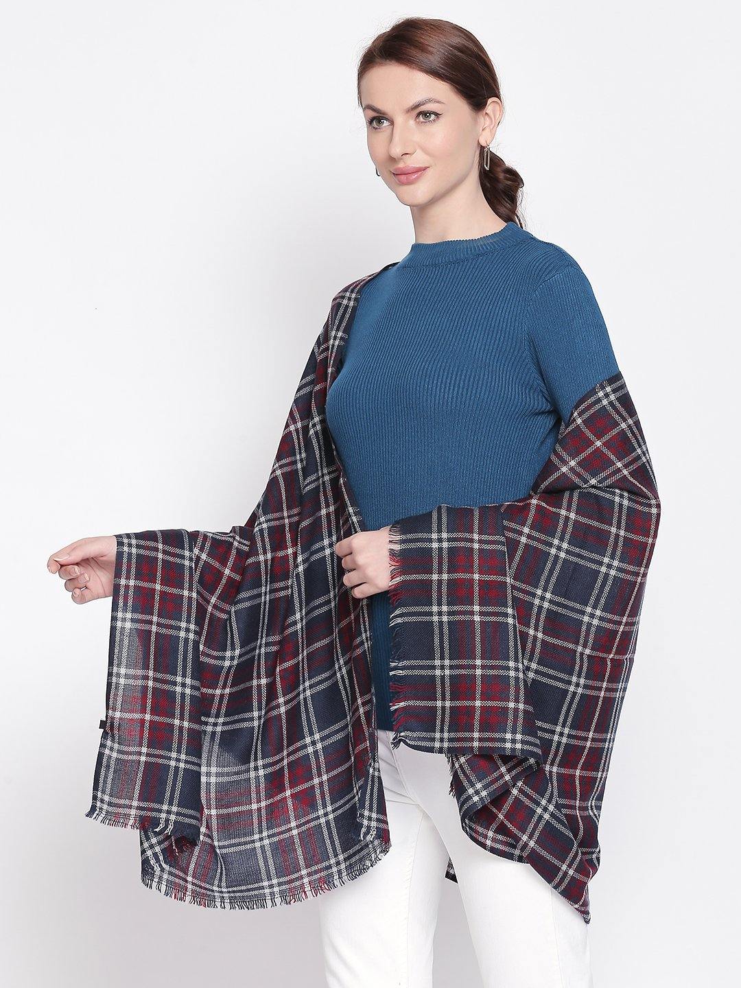 Women Red & Blue Checked Shawl-Shawl-StyleQuotient