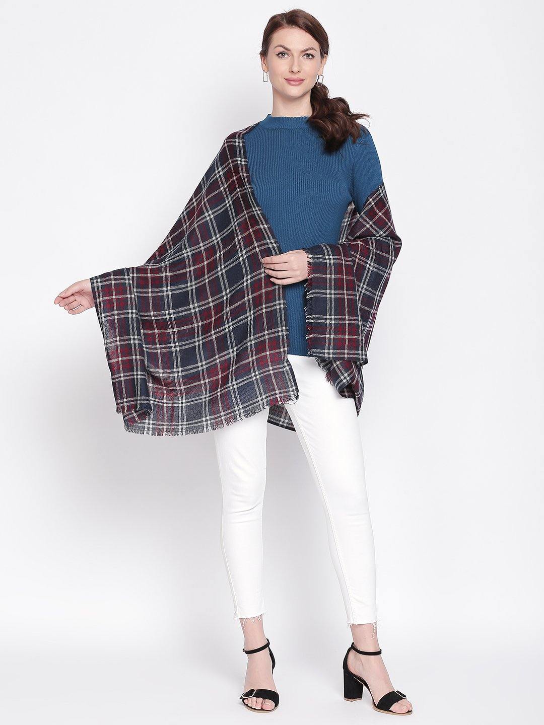 Women Red & Blue Checked Shawl-Shawl-StyleQuotient