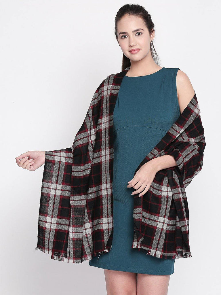 Women Black & Red Checked Woollen Shawl-Shawl-StyleQuotient