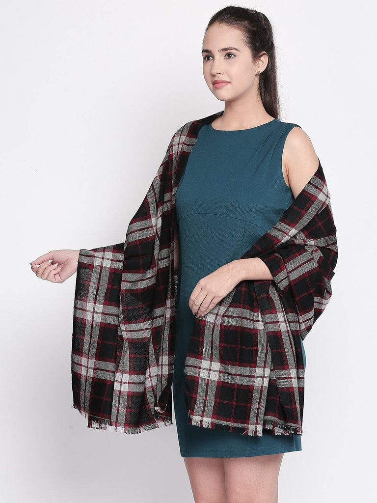 Women Black & Red Checked Woollen Shawl-Shawl-StyleQuotient