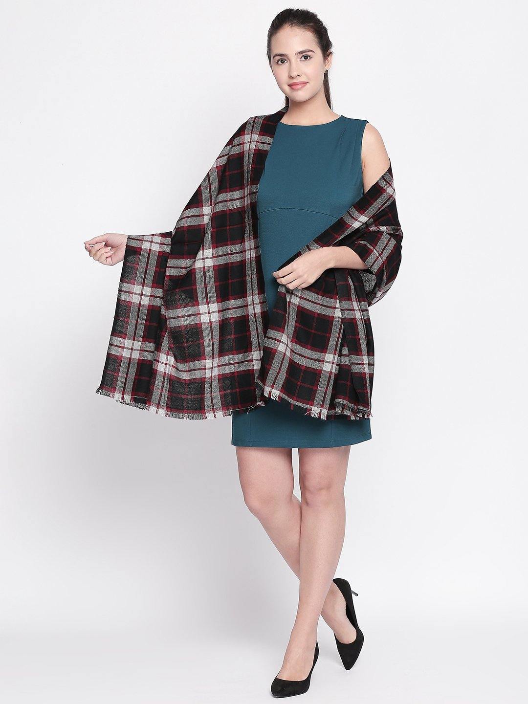 Women Black & Red Checked Woollen Shawl-Shawl-StyleQuotient