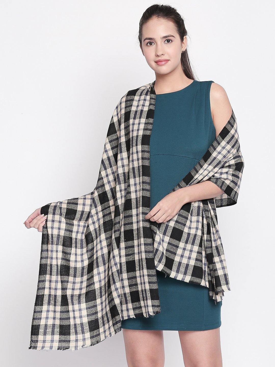 Women Black & Beige Checked Shawl-Shawl-StyleQuotient