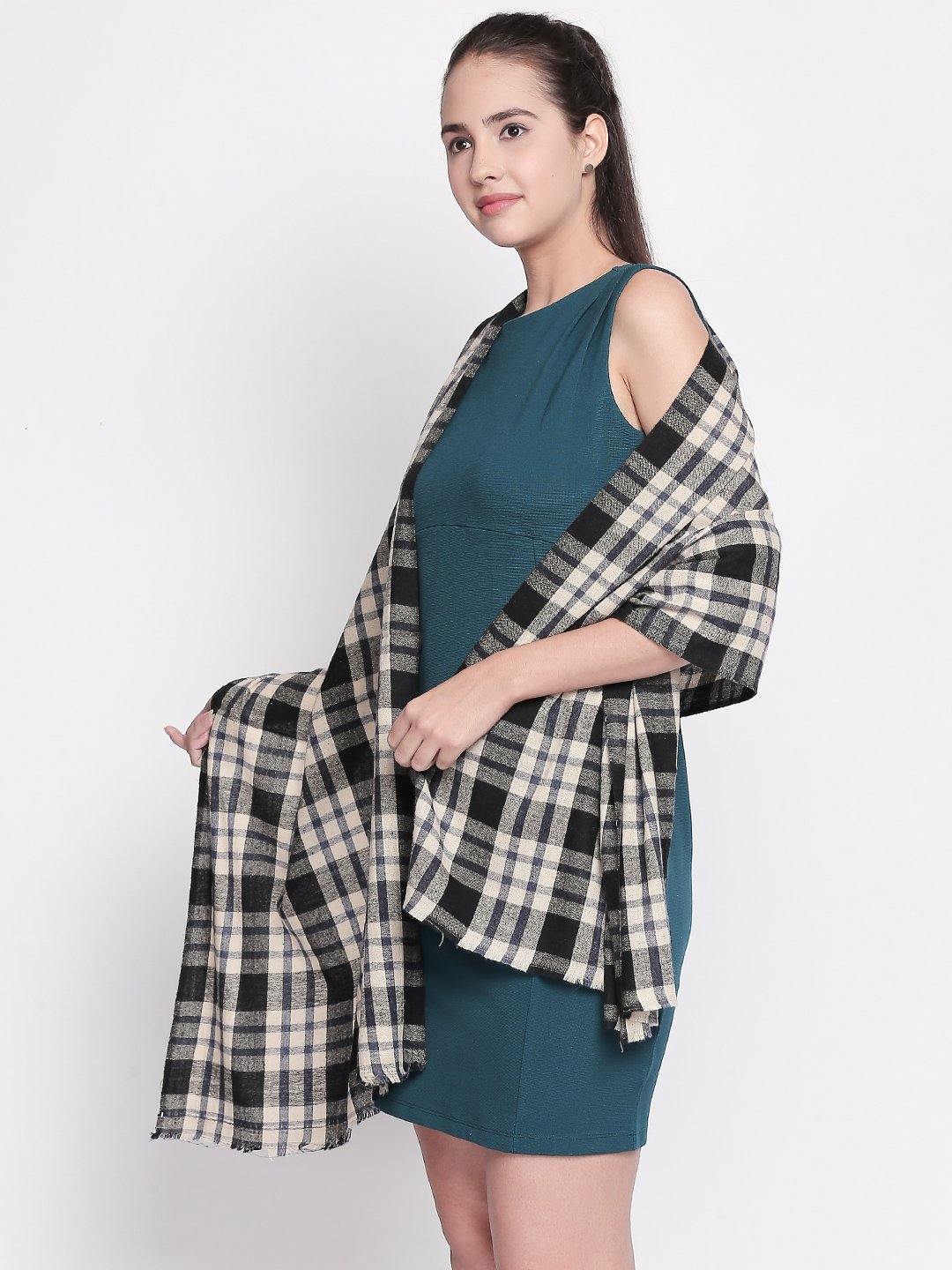 Women Black & Beige Checked Shawl-Shawl-StyleQuotient