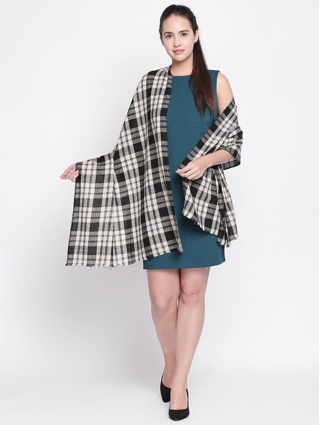 Women Black & Beige Checked Shawl-Shawl-StyleQuotient