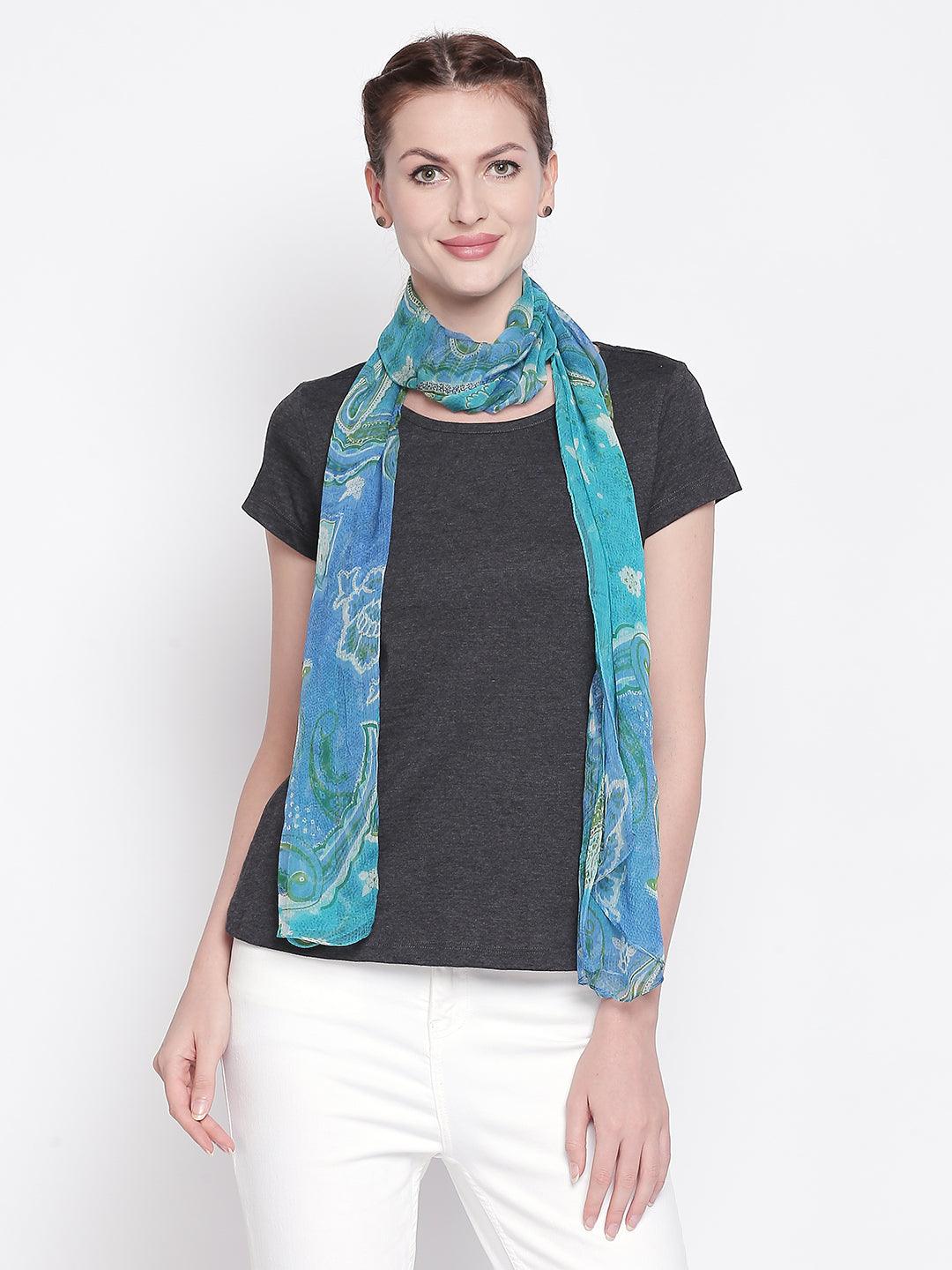 Women Blue Printed Scarf-Stoles & Scarves-StyleQuotient