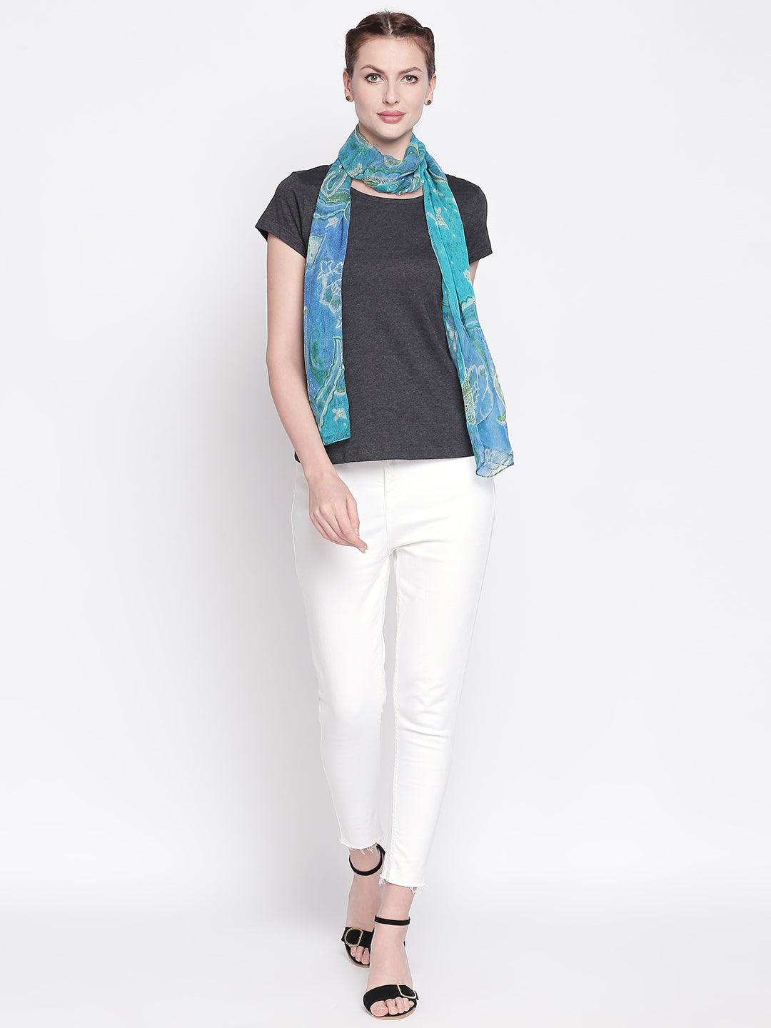 Women Blue Printed Scarf-Stoles & Scarves-StyleQuotient