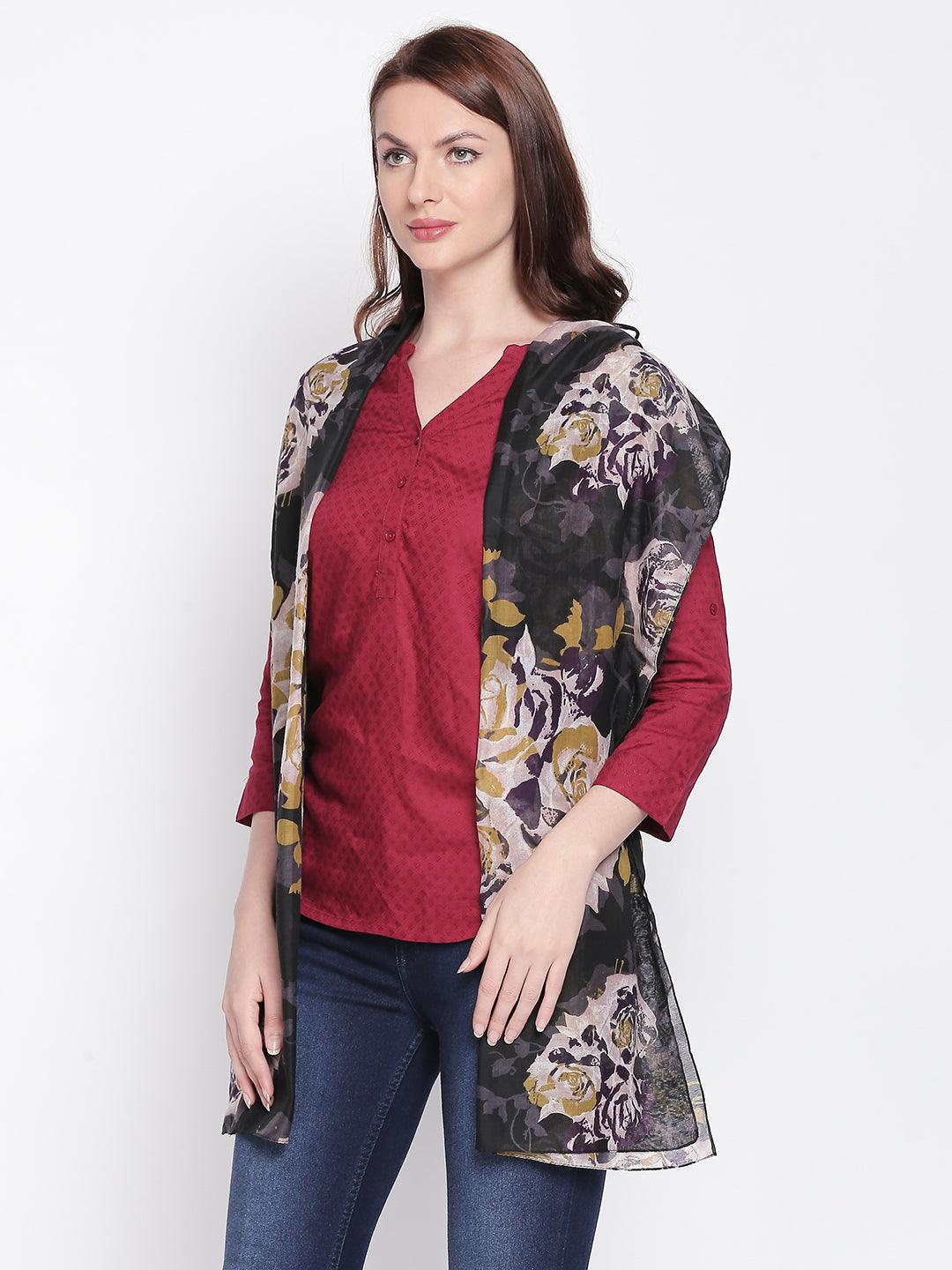Women Black Printed Scarf-Stoles & Scarves-StyleQuotient