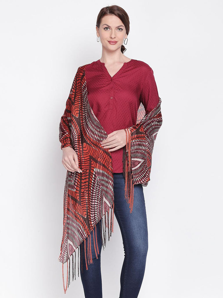 Women Brown & Orange Printed Scarf-Stoles & Scarves-StyleQuotient