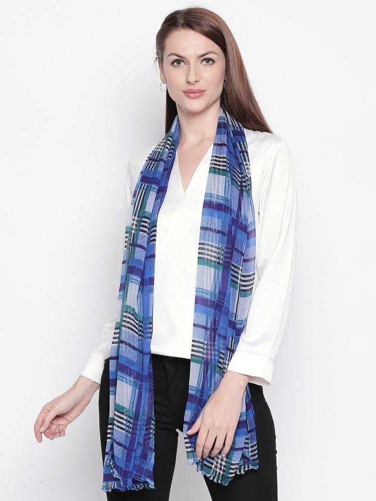 Women Blue Checked Stole-Stoles & Scarves-StyleQuotient