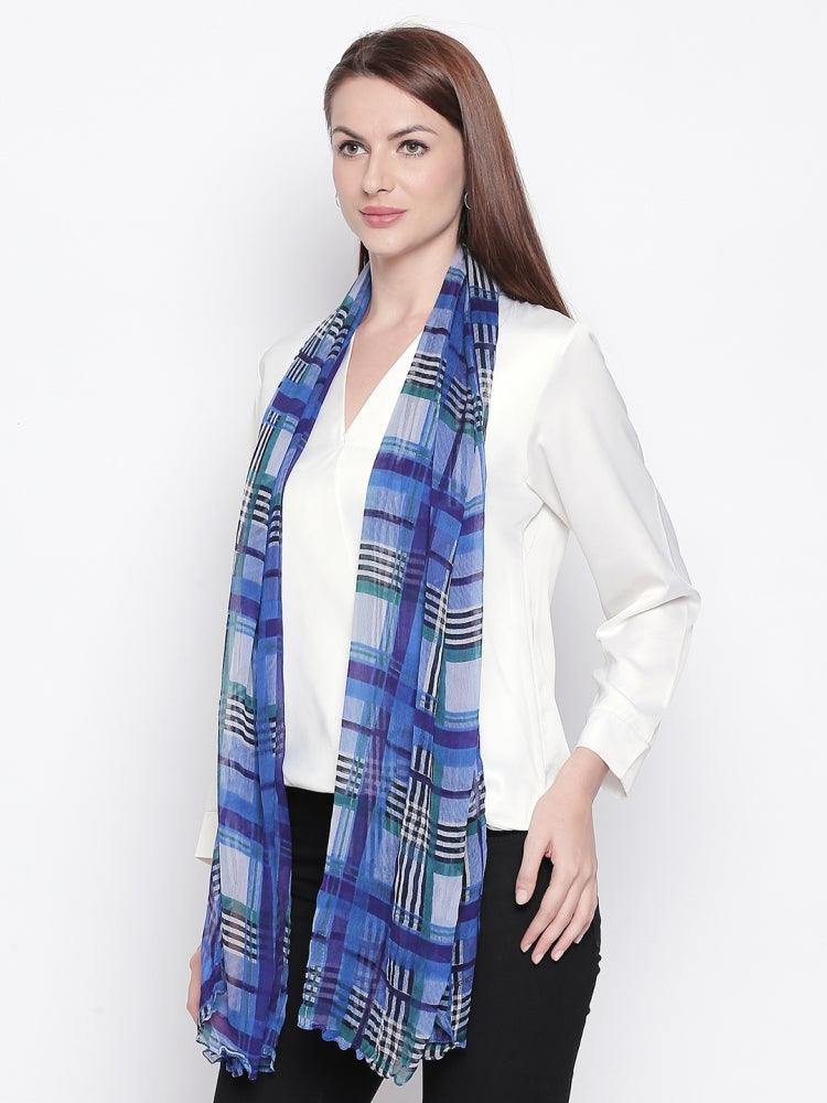 Women Blue Checked Stole-Stoles & Scarves-StyleQuotient