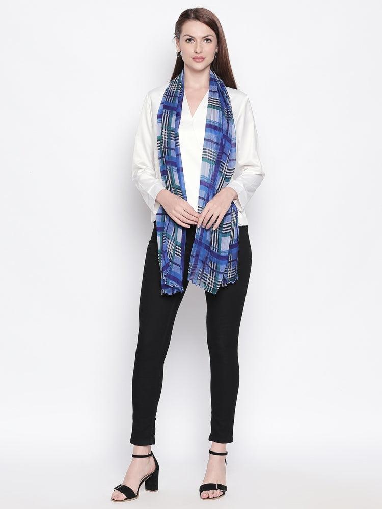 Women Blue Checked Stole-Stoles & Scarves-StyleQuotient