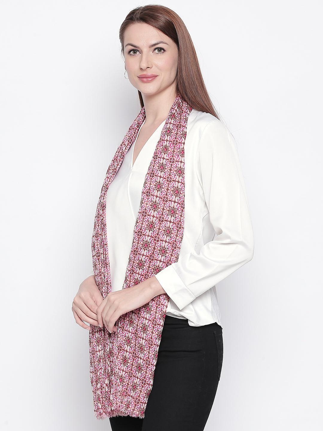 Women Pink & White Printed Stole-Stoles & Scarves-StyleQuotient