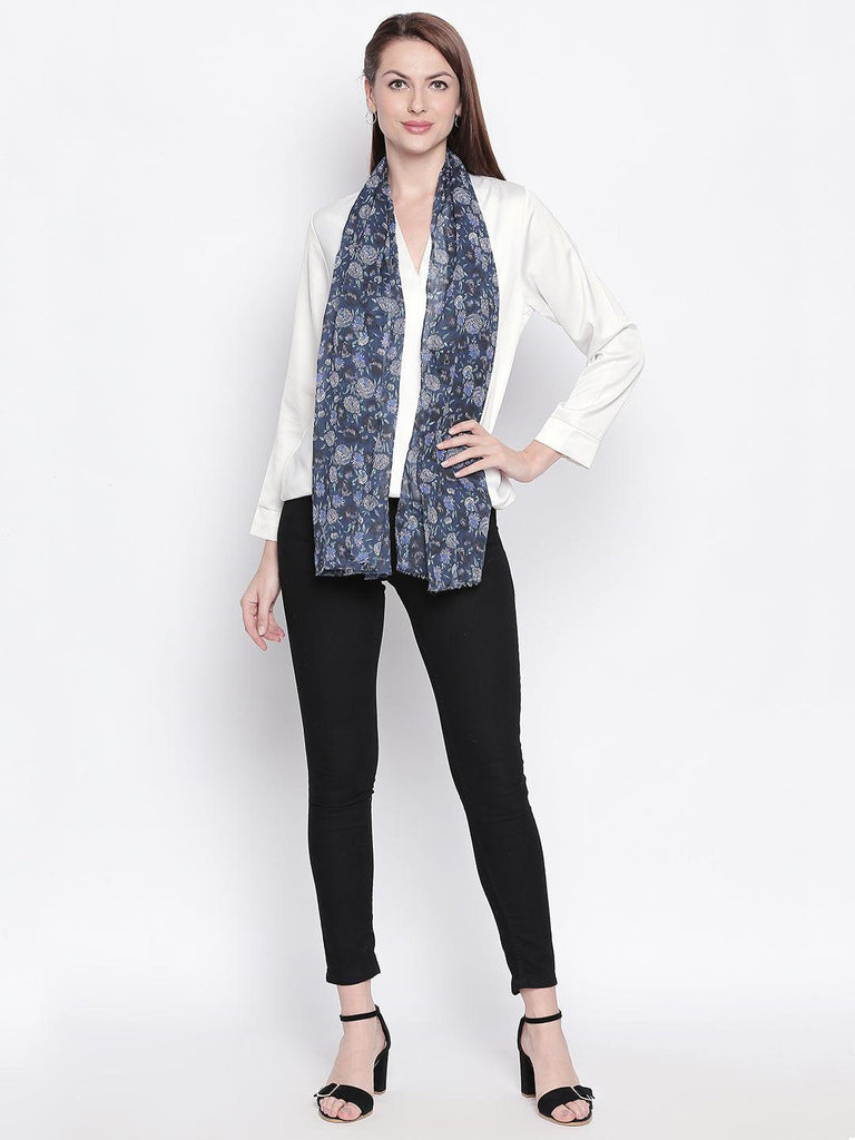 Women Navy Blue & White Printed Stole-Stoles & Scarves-StyleQuotient