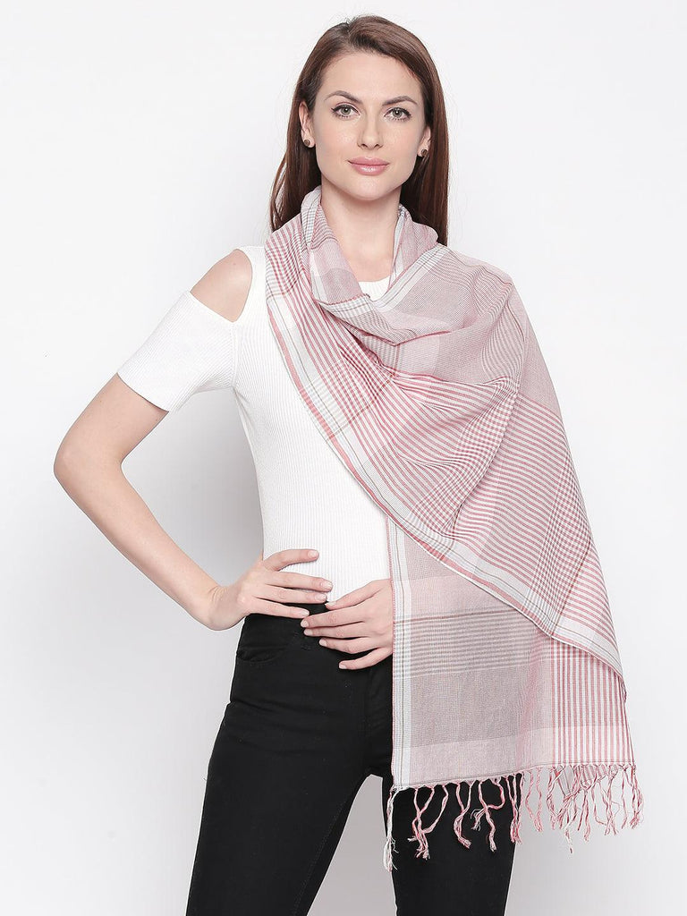 Women Peach-Coloured & White Checked Stole-Stoles & Scarves-StyleQuotient