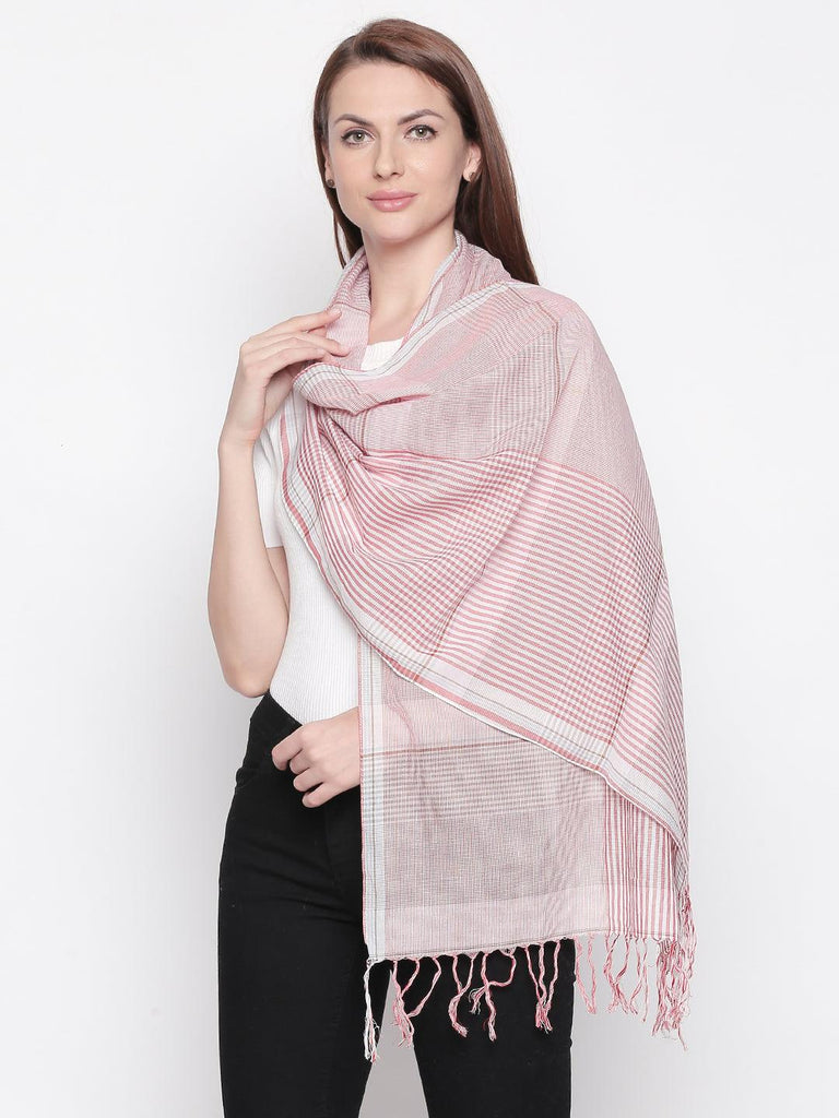 Women Peach-Coloured & White Checked Stole-Stoles & Scarves-StyleQuotient