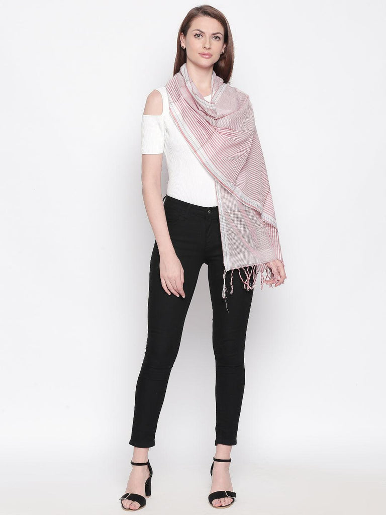 Women Peach-Coloured & White Checked Stole-Stoles & Scarves-StyleQuotient