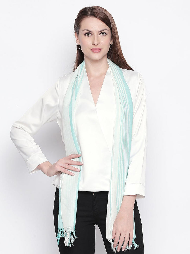 Women White & Green Striped Stole-Stoles & Scarves-StyleQuotient