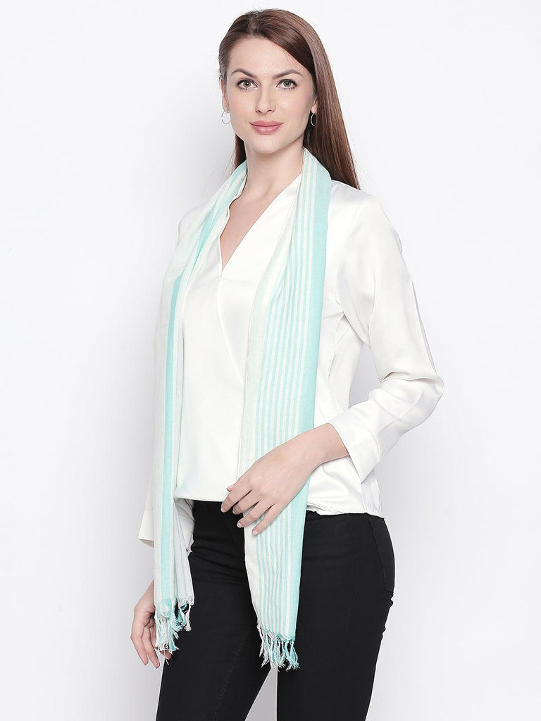 Women White & Green Striped Stole-Stoles & Scarves-StyleQuotient