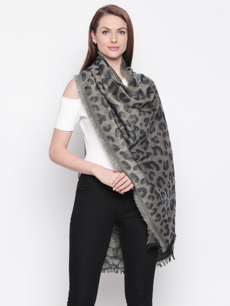 Women Black & Silver-Toned Animal Print Shawl-Shawl-StyleQuotient