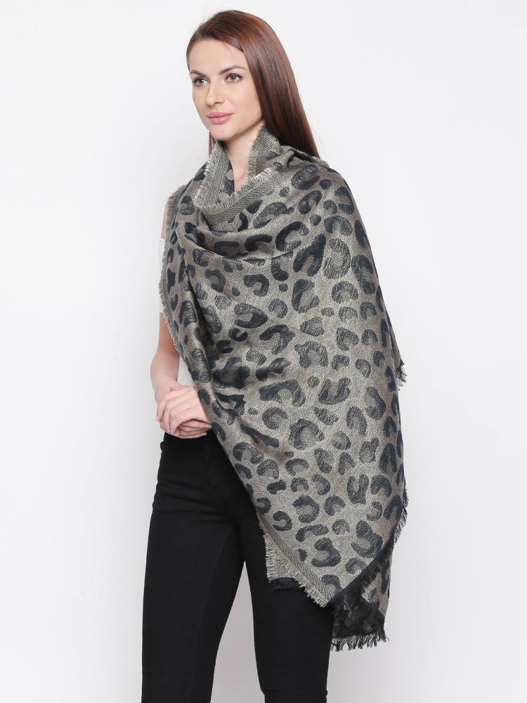 Women Black & Silver-Toned Animal Print Shawl-Shawl-StyleQuotient