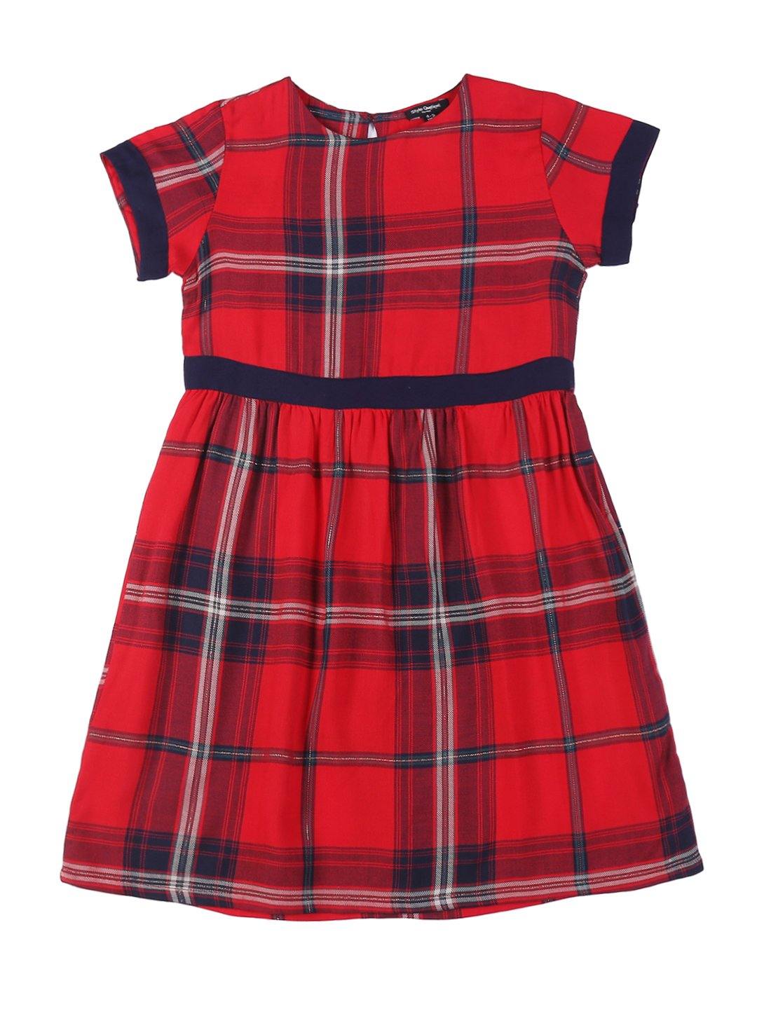 Girls Red Checked Fit and Flare Dress-Girls Dress-StyleQuotient