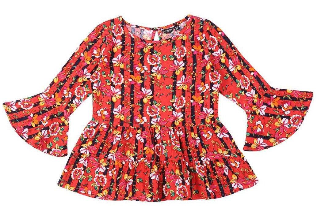 Girls Red Printed Peplum Top-Girls Top-StyleQuotient