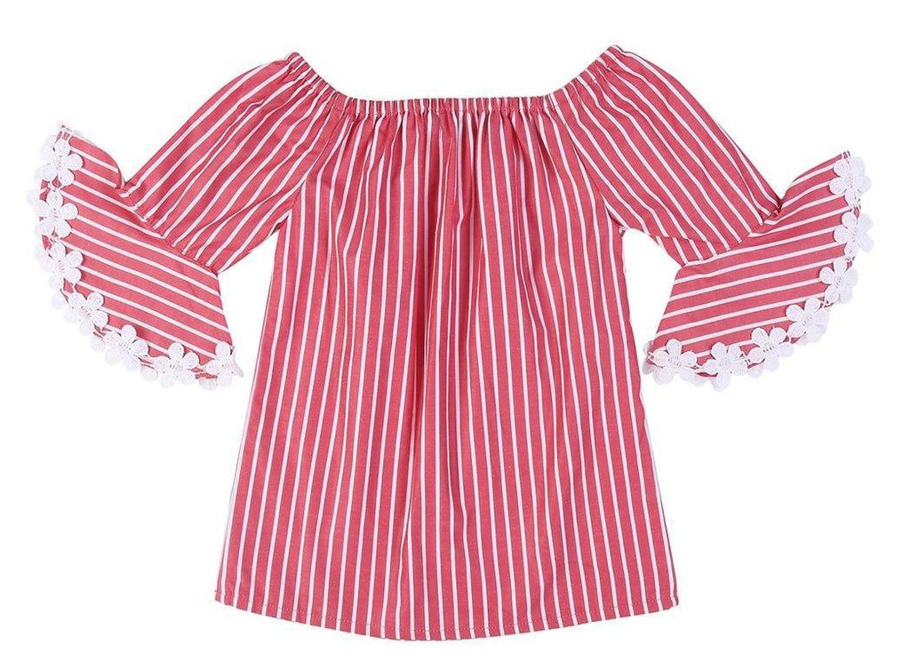 Girls Red & White Candy Stripes Bardot Top-Girls Top-StyleQuotient