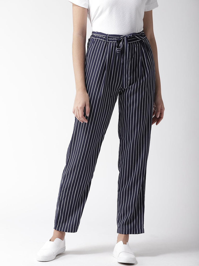 Women Blue & White Original Tapered Fit Striped Cropped Trousers-Trousers-StyleQuotient