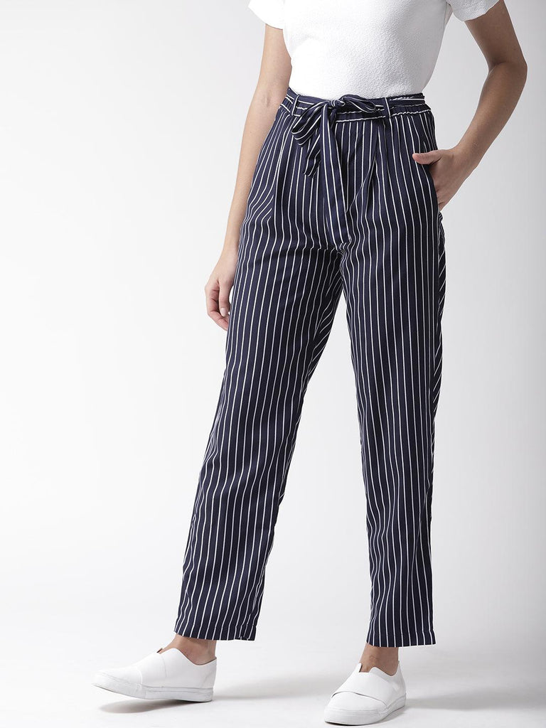 Women Blue & White Original Tapered Fit Striped Cropped Trousers-Trousers-StyleQuotient