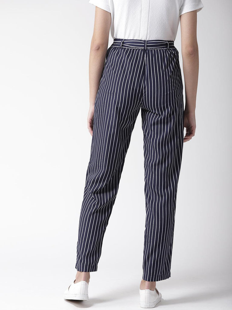 Women Blue & White Original Tapered Fit Striped Cropped Trousers-Trousers-StyleQuotient