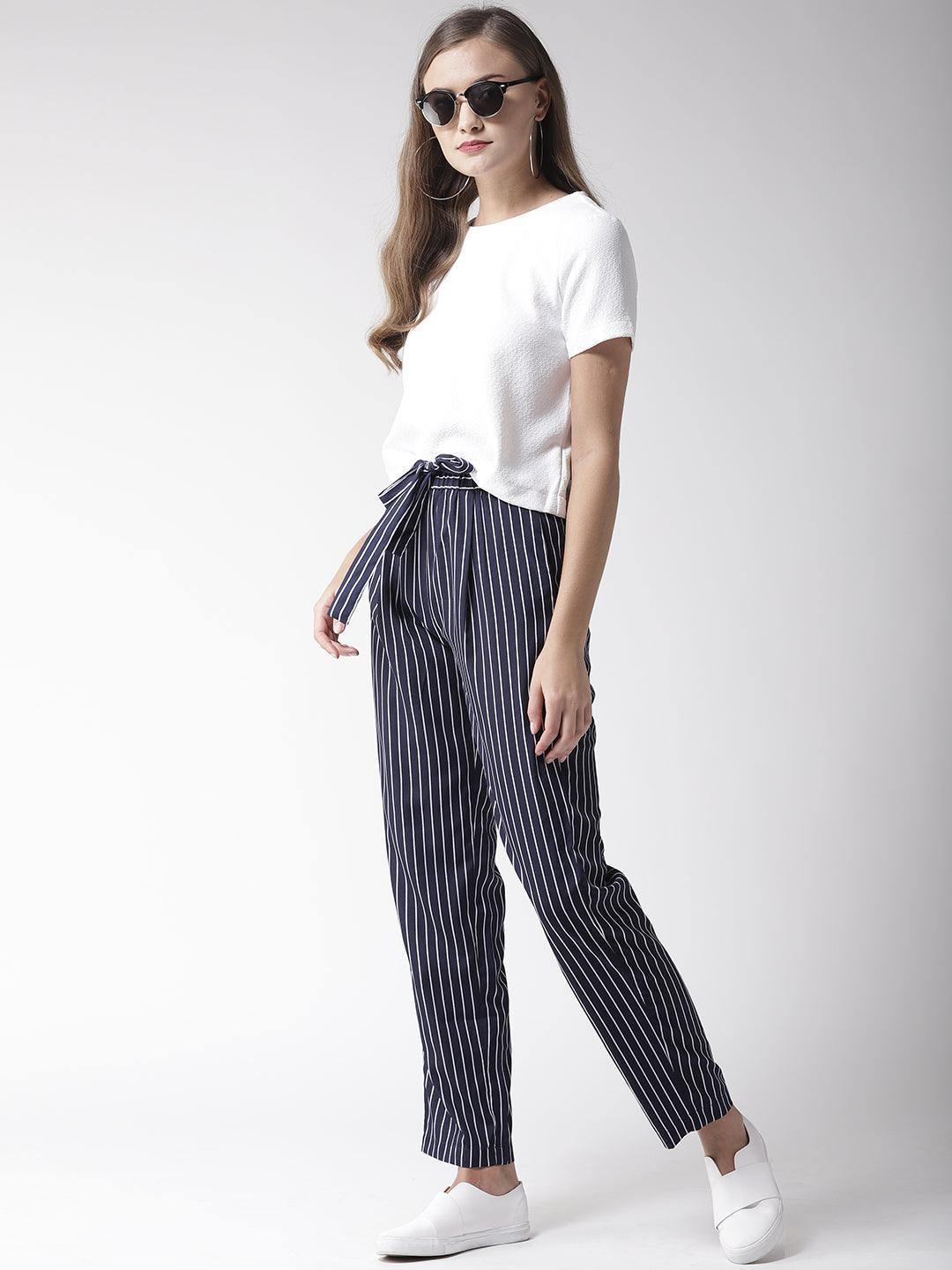 Women Blue & White Original Tapered Fit Striped Cropped Trousers-Trousers-StyleQuotient