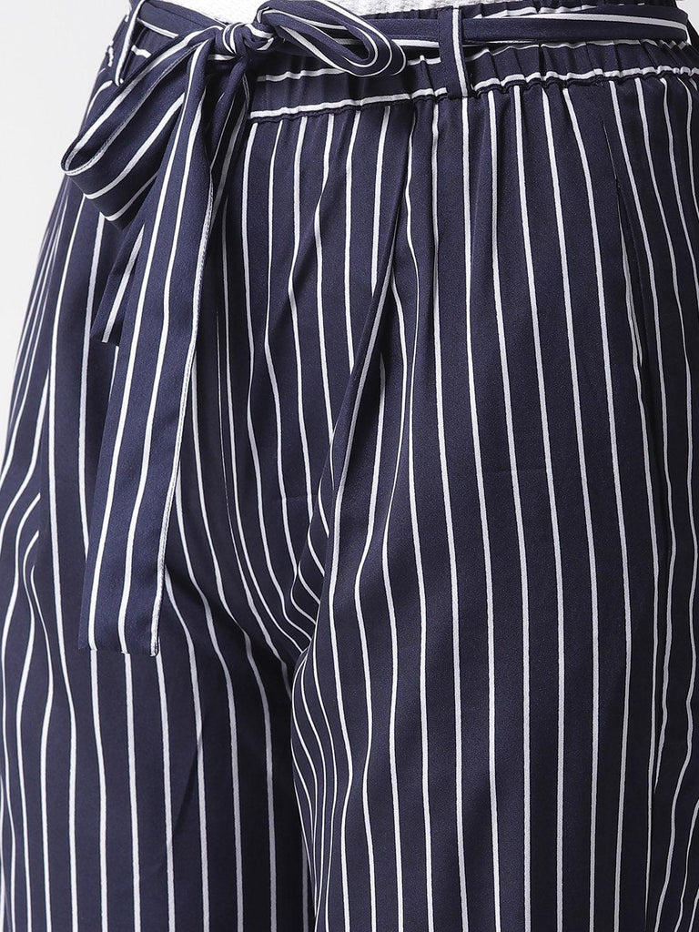 Women Blue & White Original Tapered Fit Striped Cropped Trousers-Trousers-StyleQuotient