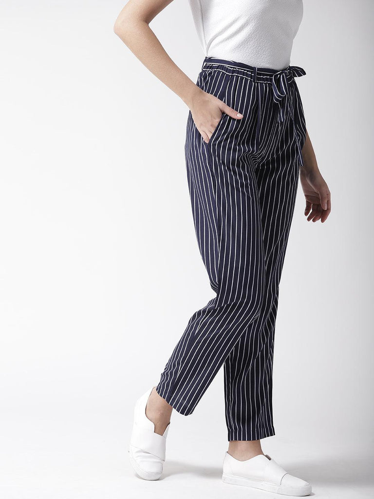 Women Blue & White Original Tapered Fit Striped Cropped Trousers-Trousers-StyleQuotient