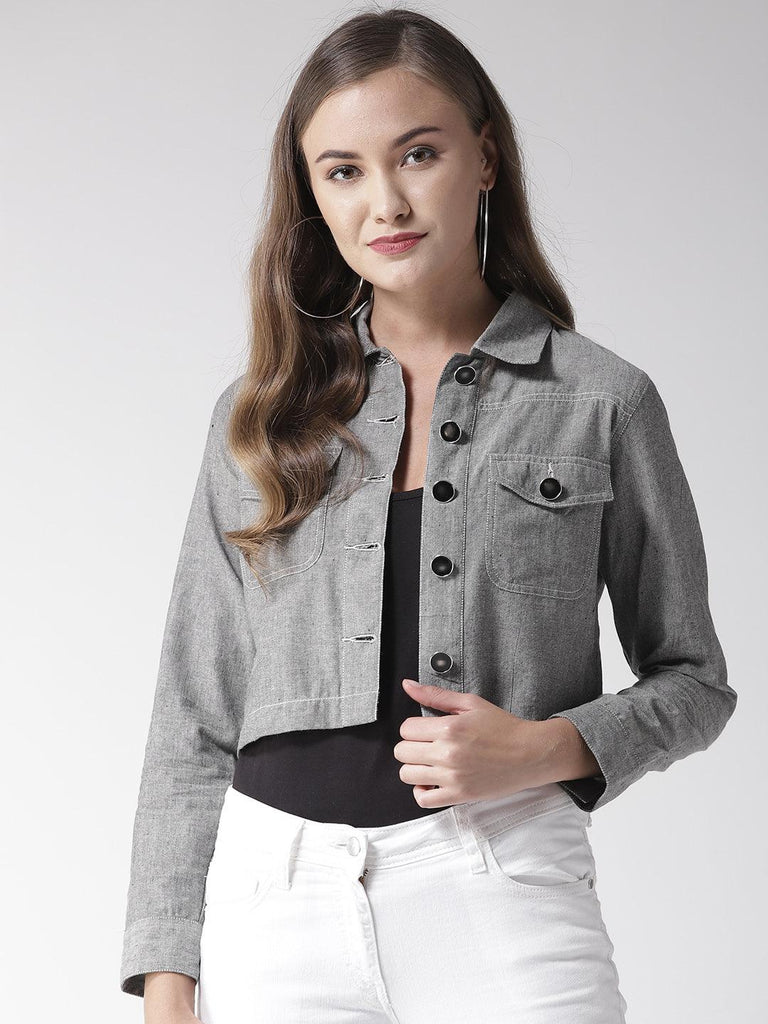 Women Grey Chambray Regular Fit Solid Casual Crop Jacket-Jackets-StyleQuotient