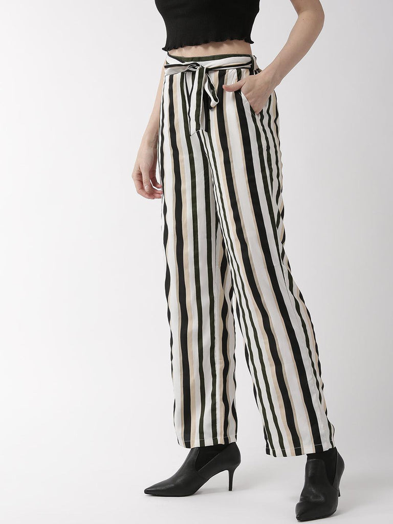 Women Off-White & Black Relaxed Regular Fit Striped Regular Trousers-Trousers-StyleQuotient