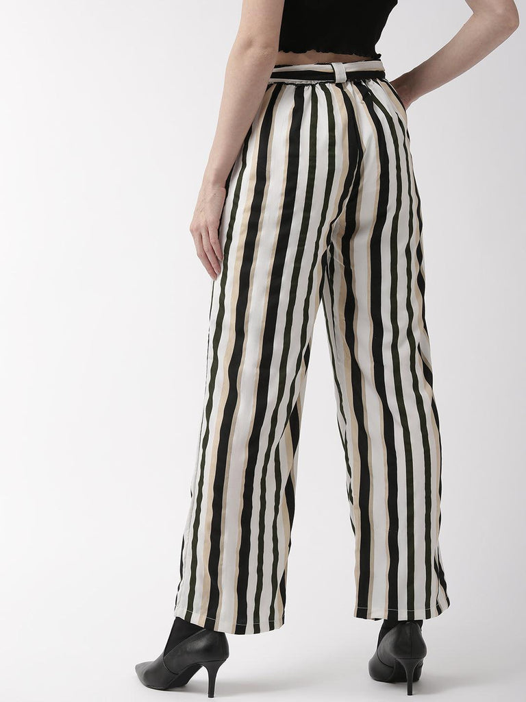 Women Off-White & Black Relaxed Regular Fit Striped Regular Trousers-Trousers-StyleQuotient
