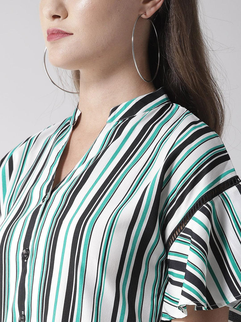 Women White & Green Striped Tunic-Tunics-StyleQuotient