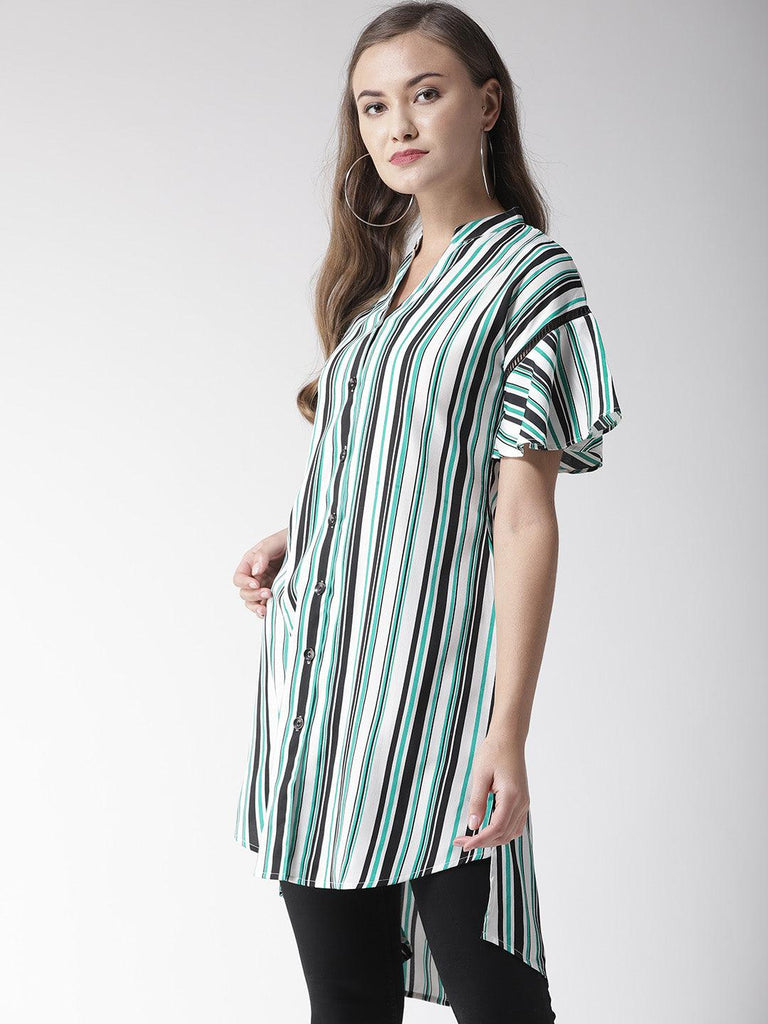 Women White & Green Striped Tunic-Tunics-StyleQuotient