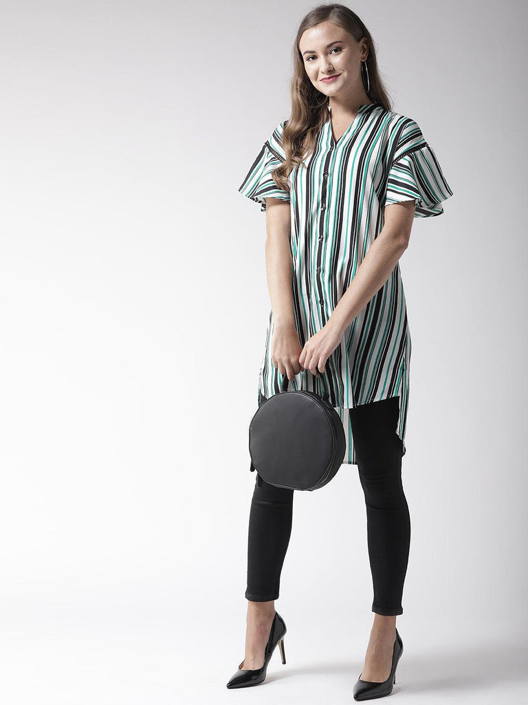 Women White & Green Striped Tunic-Tunics-StyleQuotient