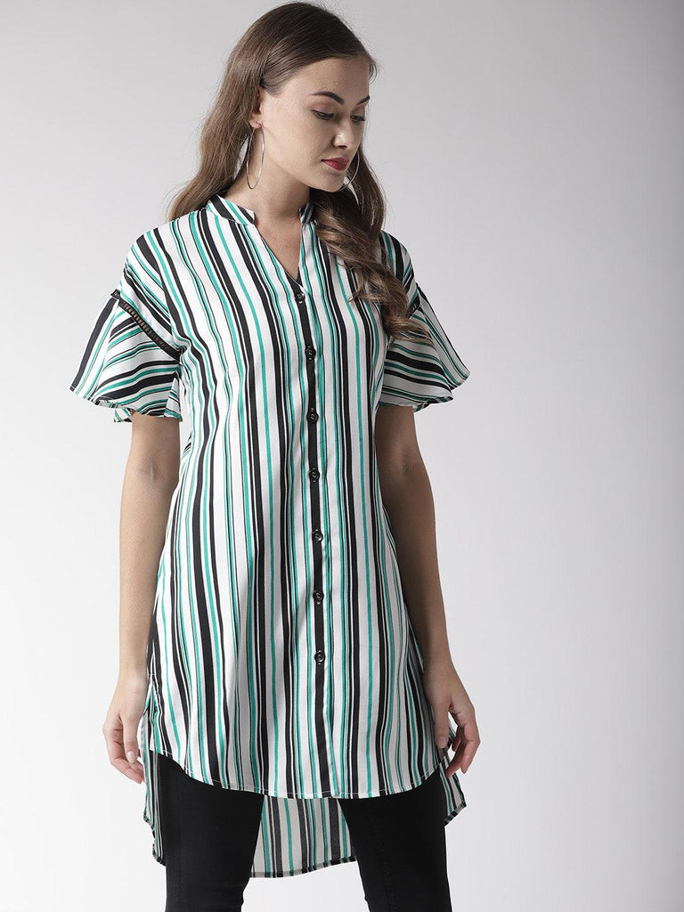 Women White & Green Striped Tunic-Tunics-StyleQuotient