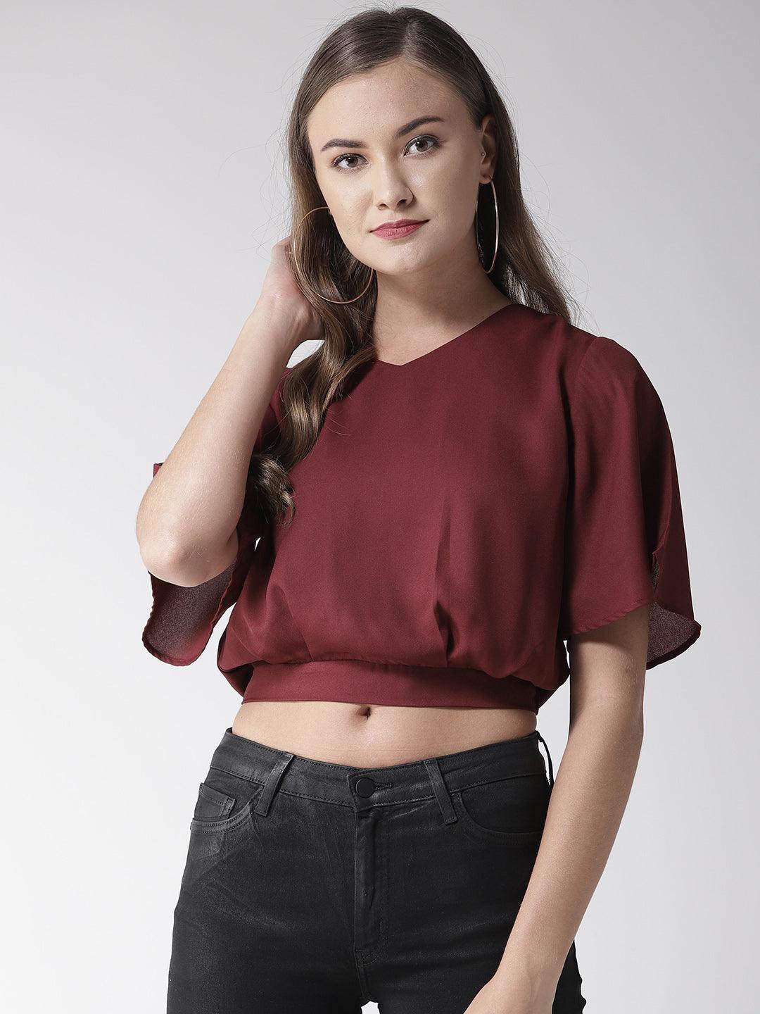 Women Maroon Solid Crop Blouson Top-Tops-StyleQuotient