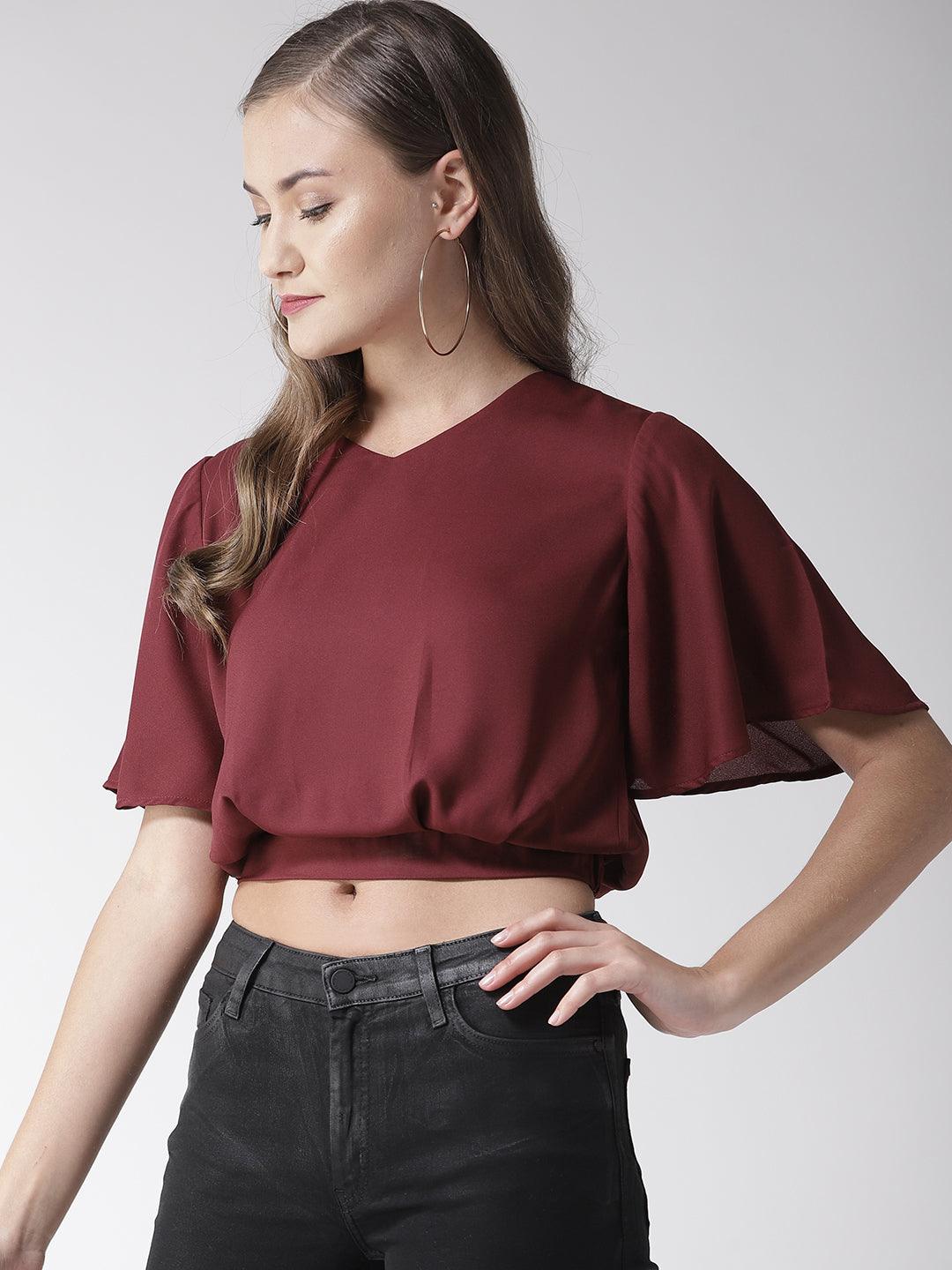 Women Maroon Solid Crop Blouson Top-Tops-StyleQuotient