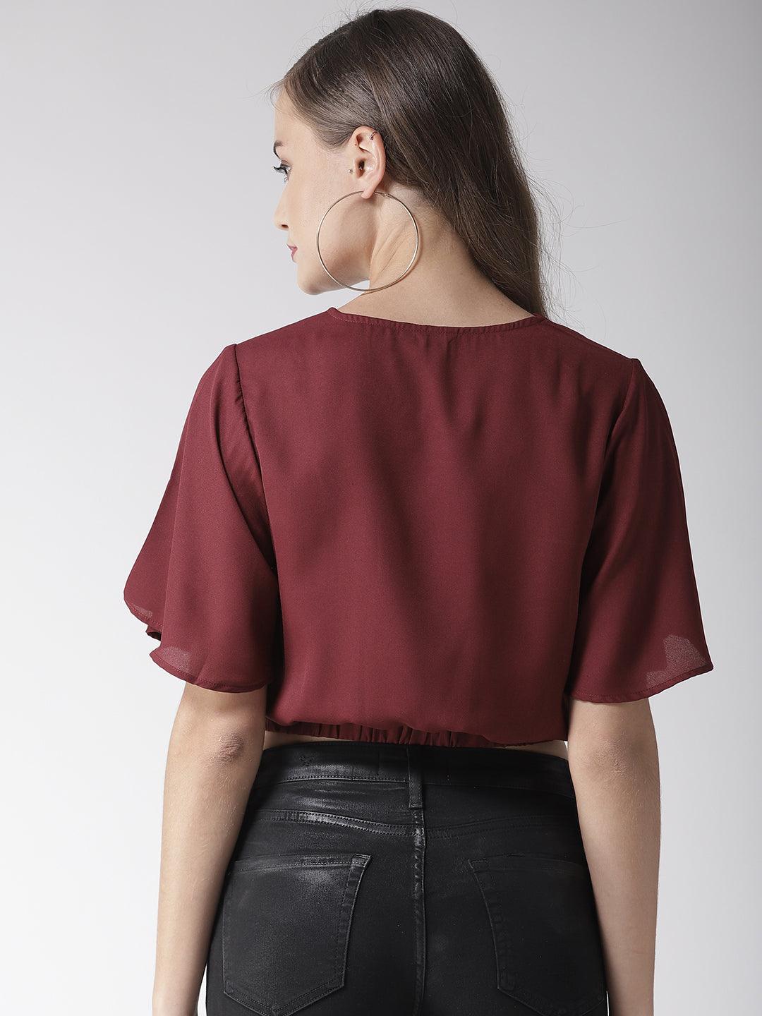 Women Maroon Solid Crop Blouson Top-Tops-StyleQuotient