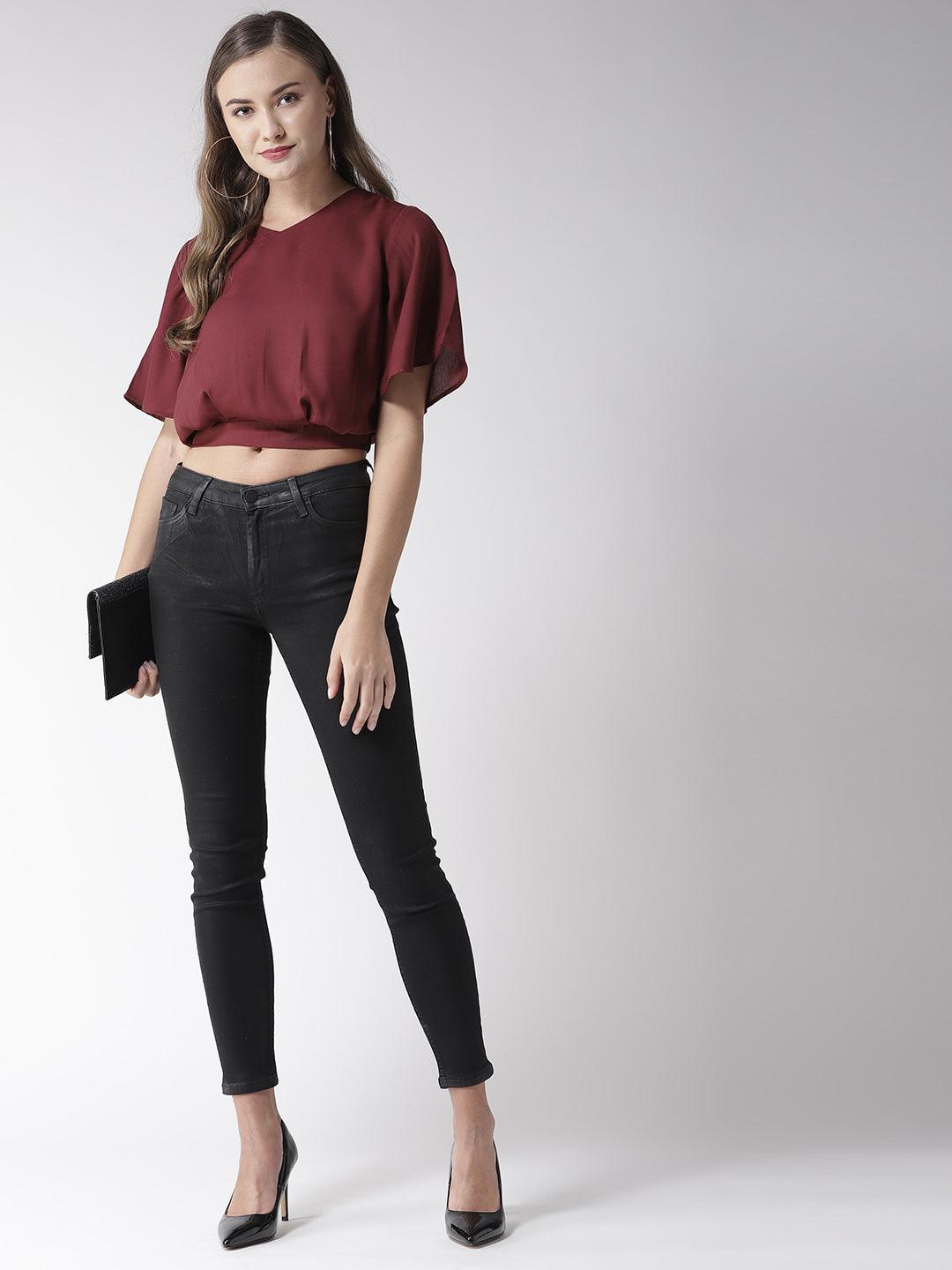 Women Maroon Solid Crop Blouson Top-Tops-StyleQuotient
