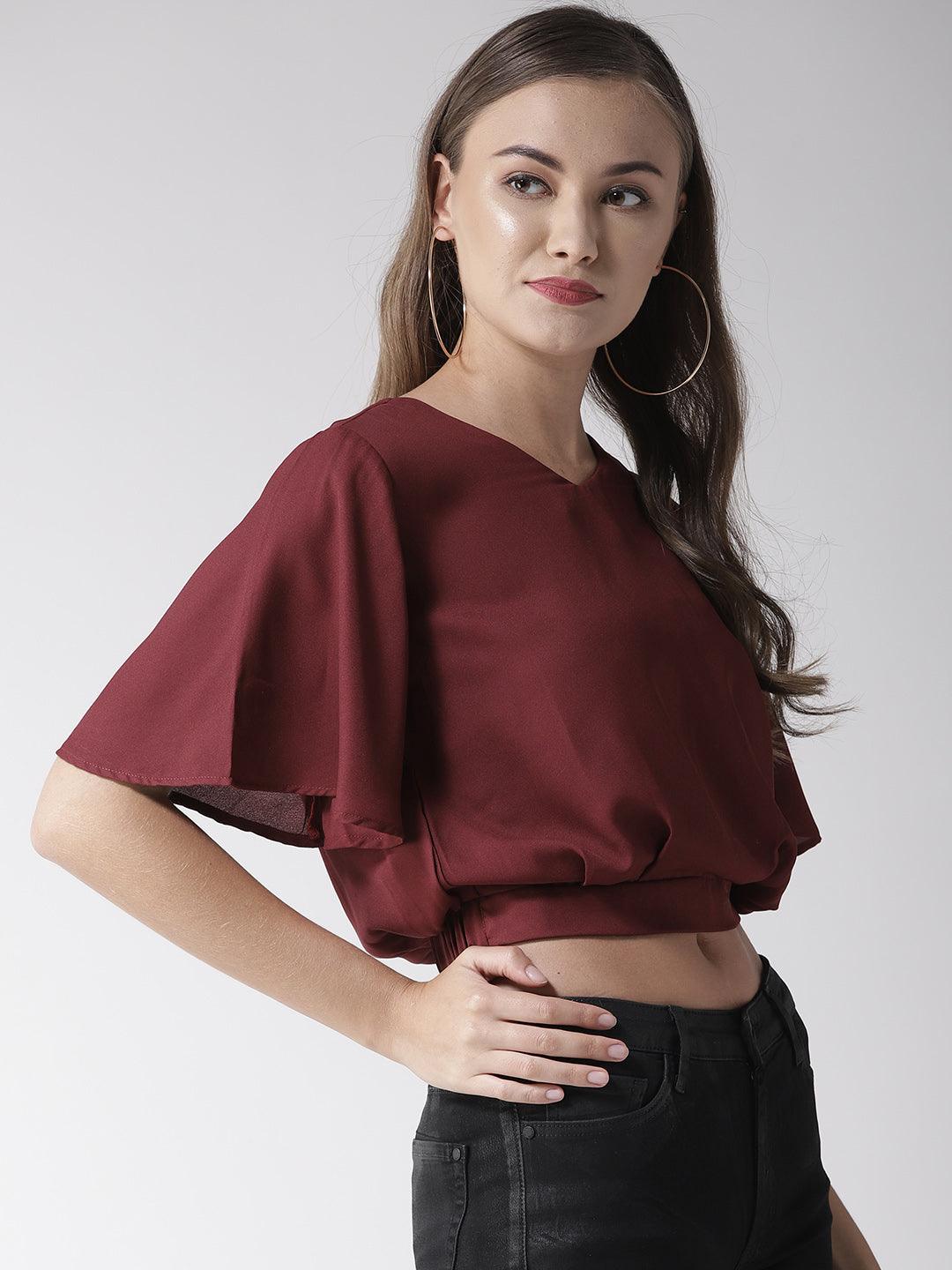 Women Maroon Solid Crop Blouson Top-Tops-StyleQuotient