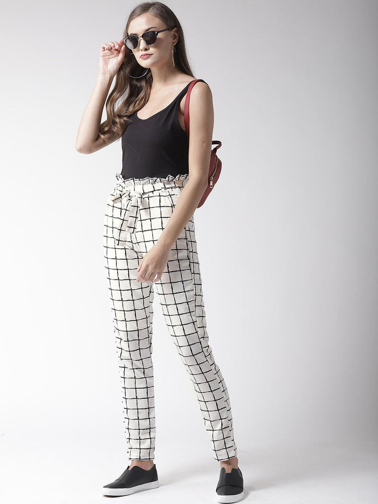 Women White & Black Slim Fit Checked Regular Trousers-Trousers-StyleQuotient