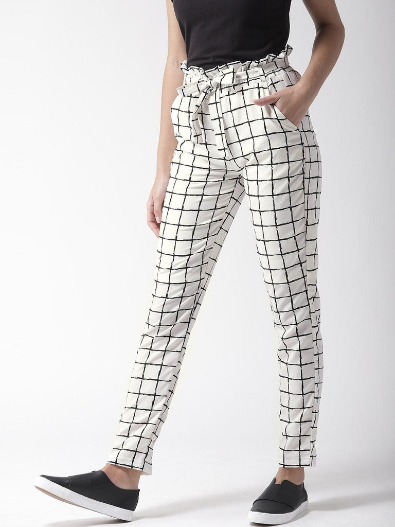 Women White & Black Slim Fit Checked Regular Trousers-Trousers-StyleQuotient
